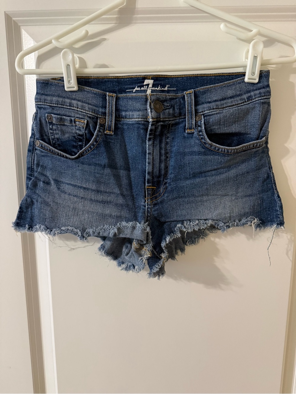 7 For All Mankind Indigo Frayed Hem Denim Cutoff Shorts